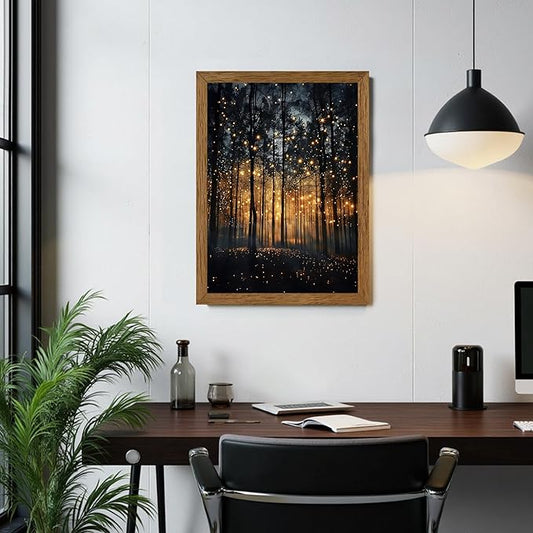 JLTULT Framed Enchanted Forest Firefly Canvas Wall Art, Dark Twilight Landscape Wall Decor, Rustic Botanical Nature Tree Art Prints for Bedroom Living Room Office Decoration 16x24 inch Easy to Hang