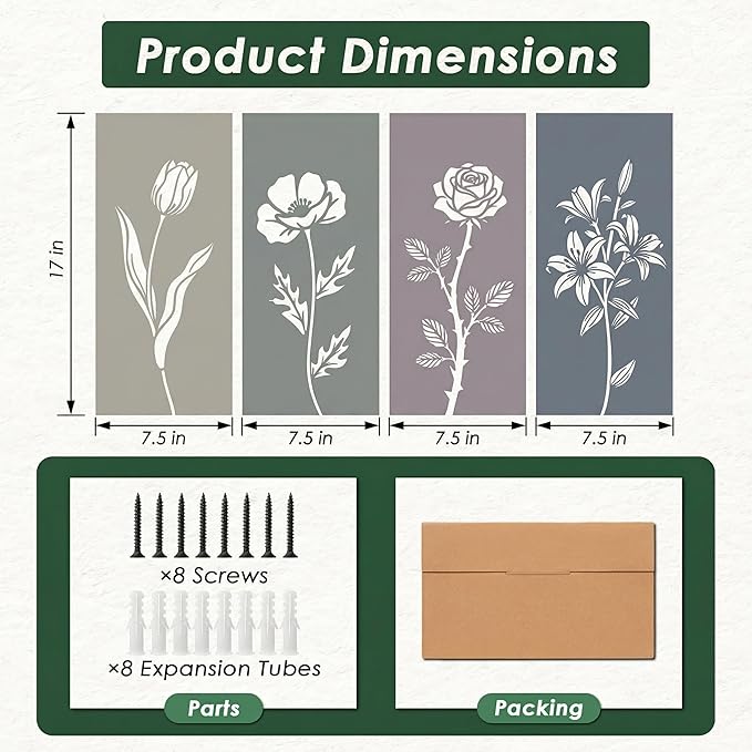 Sanwarm 4 Pieces Metal Wall Decor, Floral Botanical Minimalist Metal Wall Art Sage Boho Hanging Decoration for Home Bathroom Living Room Bedroom Garden Office Housewarming Gifts
