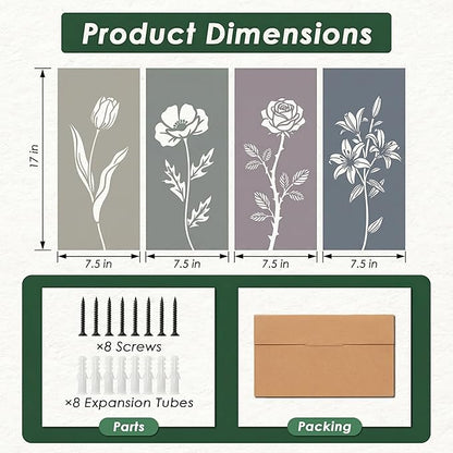 Sanwarm 4 Pieces Metal Wall Decor, Floral Botanical Minimalist Metal Wall Art Sage Boho Hanging Decoration for Home Bathroom Living Room Bedroom Garden Office Housewarming Gifts