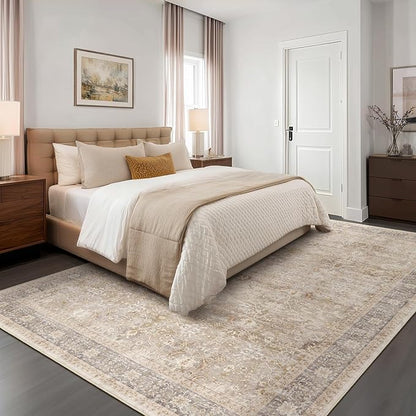 Earth Tone 7x10 Rugs for Living Room, Vintage Neutral Area Rug for Bedroom Dining Room, Low Pile Thin Washable Non Slip Room Rug for Home Office Playroom Family Room, Farmhouse Beige Taupe