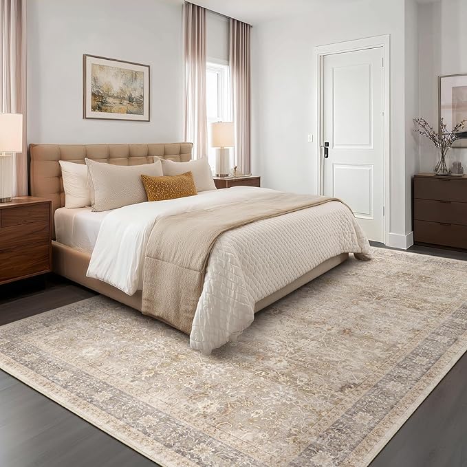 Living Room Rugs 6x8, Vintage Neutral Area Rugs for Bedroom Dining Room, Washable Non Slip Low Pile Thin Carpet Rug for Playroom Guest Room Home Office, Farmhouse Earth Tone Beige Taupe
