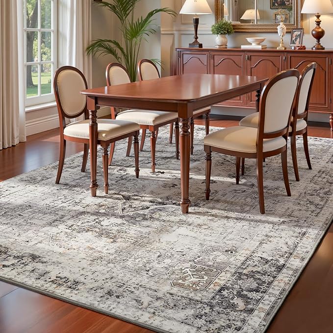 YOH Boho Washable Rug 8x10, Charcoal Gray Vintage Non Slip Area Rug, Distressed Indoor Carpet for Living Room Bedroom Kitchen Office