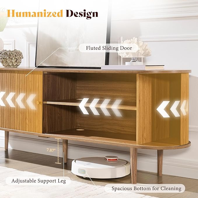 AMERLIFE 70" Mid-Century Modern TV Stand, TV Console Table for TVs up to 80 Inch, Fluted Wood Media Console with Storage, Solid Wood Legs, Walnut