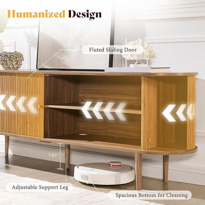 AMERLIFE 70" Mid-Century Modern TV Stand, TV Console Table for TVs up to 80 Inch, Fluted Wood Media Console with Storage, Solid Wood Legs, Walnut