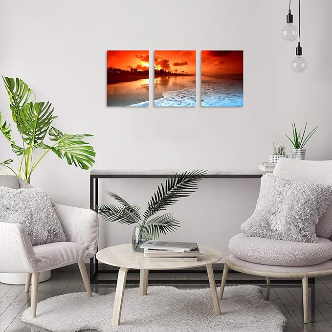 TutuBeer 3 Panels Beach Pictures Wall Decor Beach at Sunset Ocean Pictures Print on Canvas Ocean Picture Wall Decor Ocean Art for Home Decoration Stretched and Framed 16" x 24" x 3 Pieces