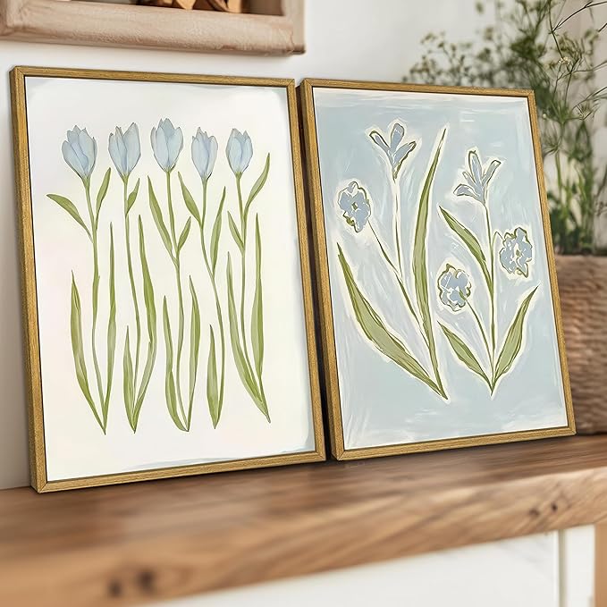 wanyun Blue Tulip Flower Wall Art Set of 2, Watercolor Floral Preppy Canvas Poster Prints, Modern Botanical Painting Aesthetic Picture for Living Room Bedroom Bathroom Apartment Wall Decor 12x16 Inch Framed