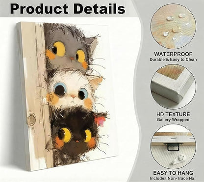 Cute Little Kitten Canvas Wall Art Funny Cartoon Cat Wall Decor Picture Three Peeping Kittens Poster Print for Kids Room Bathroom Dining Room Nursery Cat Lovers Painting Artwork Home Decoration