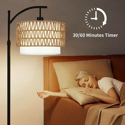 ZECOXOL Arc Floor Lamp with Table and Shelves,Rattan Boho Floor Lamp with Remote Control,Rustic Floor Lamps for Bedroom Wicker Standing Lamp with 3 Color Temperature Tall Lamp for Living Room Corner