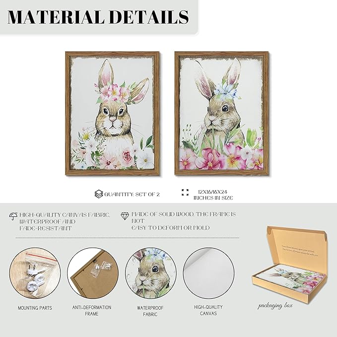Framed Vintage Easter Wall Art Decor, Easter Bunny Picture Wall Decorations Set of 2, Spring Rustic Rabbit Poster Prints Painting for Kids Room Living Room Bedroom 12x16 Inch