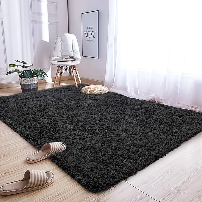 Andecor Soft Fluffy Bedroom Rugs, 8 x 10 Feet Indoor Shaggy Plush Area Rug for Boys Girls Kids Baby College Dorm Living Room Home Decor Floor Carpet, Black