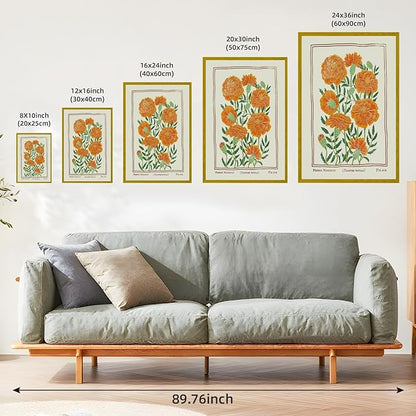 Large Gold Framed Vintage French Marigold Botanical Wall Art Retro Floral Canvas Painting Print Stylish Birth Flower Pictures Farmhouse Artwork for Bedroom Home Garden-Inspired Decor 24x36inch