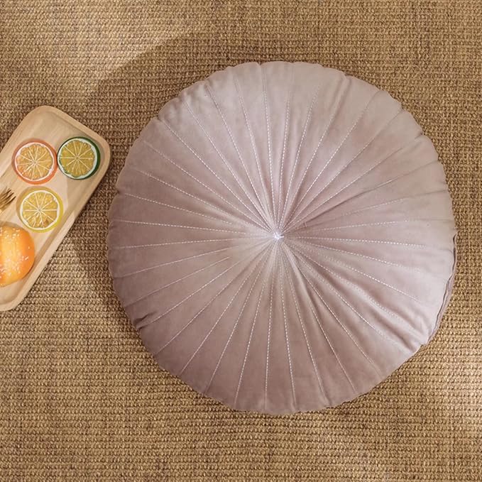 HLOVME Round Pillow Cushion for Couch Velvet Decorative Small Throw Pillow Solid Color for Living Room Bed Floor 15.7”, Light Brown