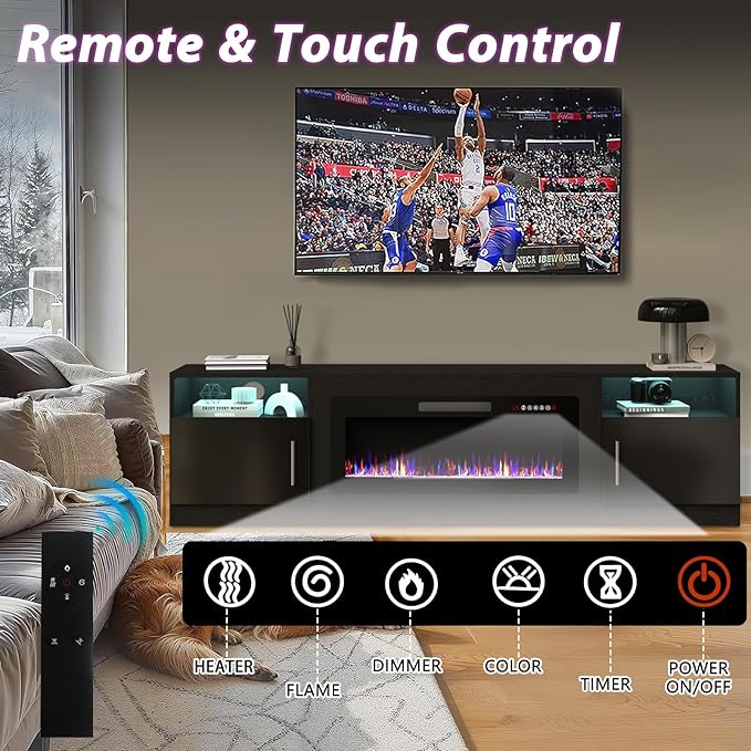 TAVATA Fireplace TV Stand, 80 inch TV Stands for Living Room with 36" Fireplace, Modern Entertainment Center with LED Light for TVs Up to 90", Media Console with Highlight Storage Cabinets (Black)