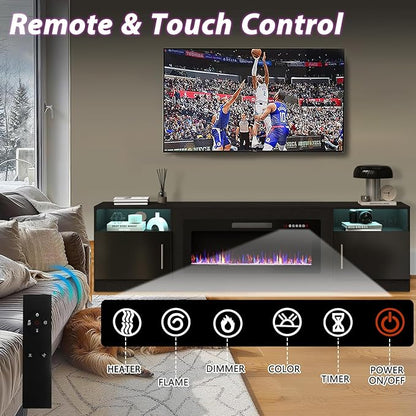 TAVATA Fireplace TV Stand, 80 inch TV Stands for Living Room with 36" Fireplace, Modern Entertainment Center with LED Light for TVs Up to 90", Media Console with Highlight Storage Cabinets (Black)