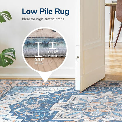 Lessymo 5x7 Area Rugs- Machine Washable Area Rugs, Super Soft Faux-Wool Area Rug for Living Room Bedroom, Boho Area Rug Vintage Floral Medallion Non-Slip Low Pile, Kid & Pet Friendly, Blue Brown