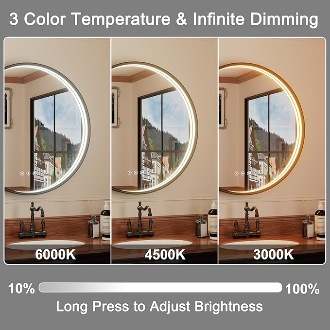 26 Inch Bluetooth Bathroom Mirror, Black Framed Round Vanity Mirror with Lights, Dimmable, 3000K/4500K/6000K, Anti-Fog, Built-in Dual Speaker, CRI 90+