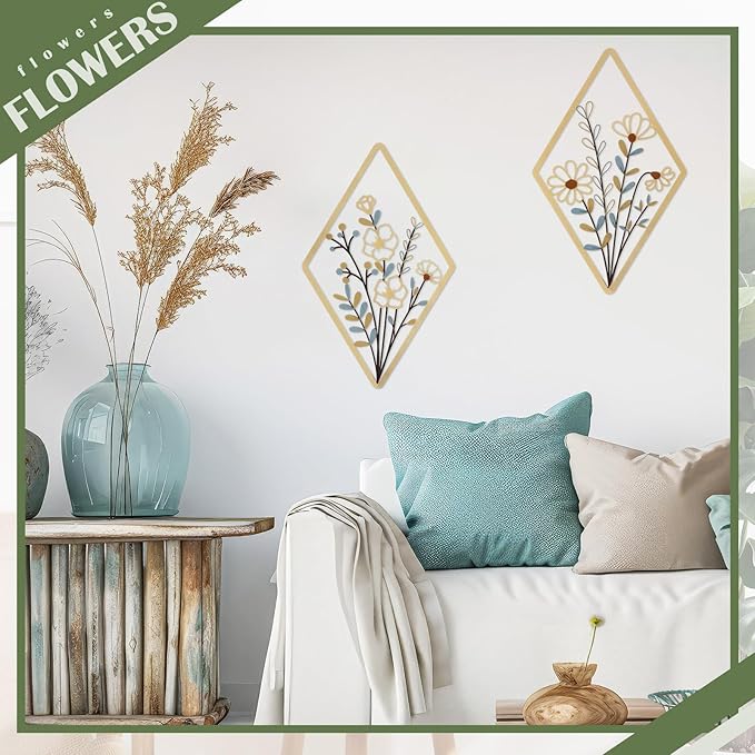 PullCrease 2 Pcs Metal Wall Art, Metal Flower Wall Decor, Modern Floral Art for Living Room, Bedroom, Bathroom, Rustic Farmhouse Decor, Sculpture Kitchen Decoration (Boho)