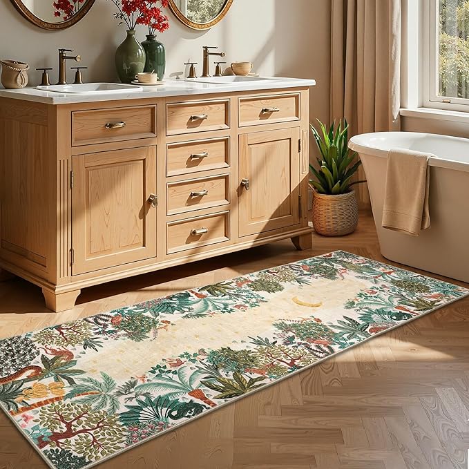 GarveeHome 2.5x8 Jungle Hallway Runner Rug, Soft Beige Animal Long Kitchen Runner Non Slip Entryway Rug Farmhouse Thin Laundry Mat Stain Resistant Carpet for Bathroom Beside