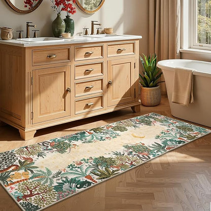 GarveeHome 2.5x8 Jungle Hallway Runner Rug, Soft Beige Animal Long Kitchen Runner Non Slip Entryway Rug Farmhouse Thin Laundry Mat Stain Resistant Carpet for Bathroom Beside