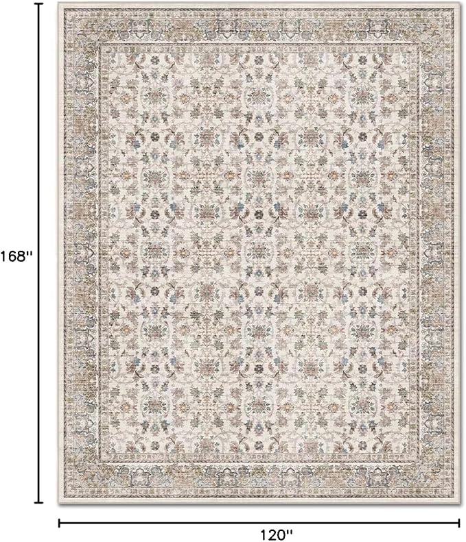 Washable 10x14 Area Rugs for Living Room, Boho Non-Slip Vintage Distress Large Rugs for Bedroom Dining Room Office, 0.3" Neutral Oriental Throw Thin Carpet,Cream/Blue/Orange/Multi,A2
