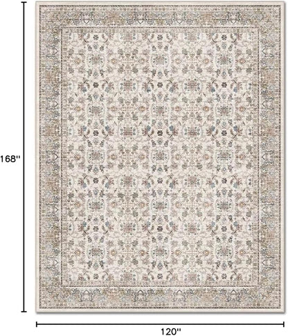 Washable 10x14 Area Rugs for Living Room, Boho Non-Slip Vintage Distress Large Rugs for Bedroom Dining Room Office, 0.3" Neutral Oriental Throw Thin Carpet,Cream/Blue/Orange/Multi,A2