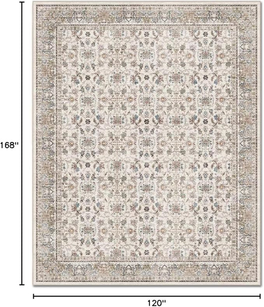 Washable 10x14 Area Rugs for Living Room, Boho Non-Slip Vintage Distress Large Rugs for Bedroom Dining Room Office, 0.3" Neutral Oriental Throw Thin Carpet,Cream/Blue/Orange/Multi,A2