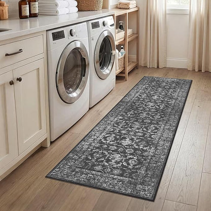 2x7 Black Runner Rug Hallway Washable Area Rugs Kitchen Vintage Boho Non Slip Long Rug Floral Carpet Indoor Retro Soft Low Pile Throw Rug for Bedroom Bathroom Laundry Dining Living Room Office