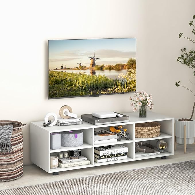 Tangkula White TV Stand for TV up to 55 Inch, TV Console Table with 6 Cubbies, 5 Positions Adjustable Shelves, Wood Media Entertainment Center for Living Room (Modern, 45", TVs up to 55")