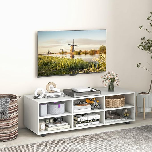 Tangkula White TV Stand for TV up to 55 Inch, TV Console Table with 6 Cubbies, 5 Positions Adjustable Shelves, Wood Media Entertainment Center for Living Room (Modern, 45", TVs up to 55")