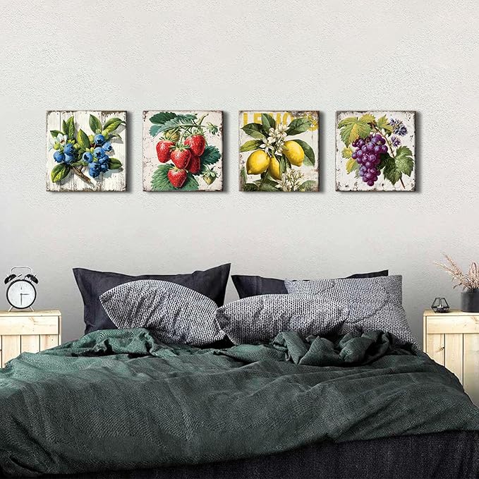 Vintage Fruit Wall Art for Kitchen Wall Decor Farmhouse Dining Room Pictures Rustic Lemon Strawberry Canvas Paintings Colorful Fruits Theme Prints Blueberry Grape Poster Artwork Decorations 12x12” 4P