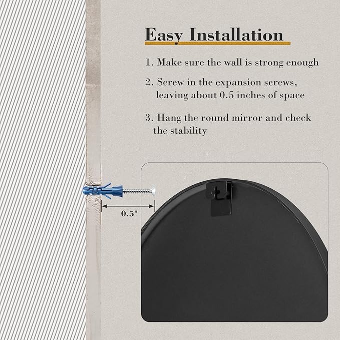 Sweetcrispy 36 Inch Round Wall Mirror with Tempered Glass, Bathroom Mirror Over Sink, Anti-Fog & Waterproof Round Mirror for Bathroom, Entryway, Bedroom, Shatterproof Design, Black