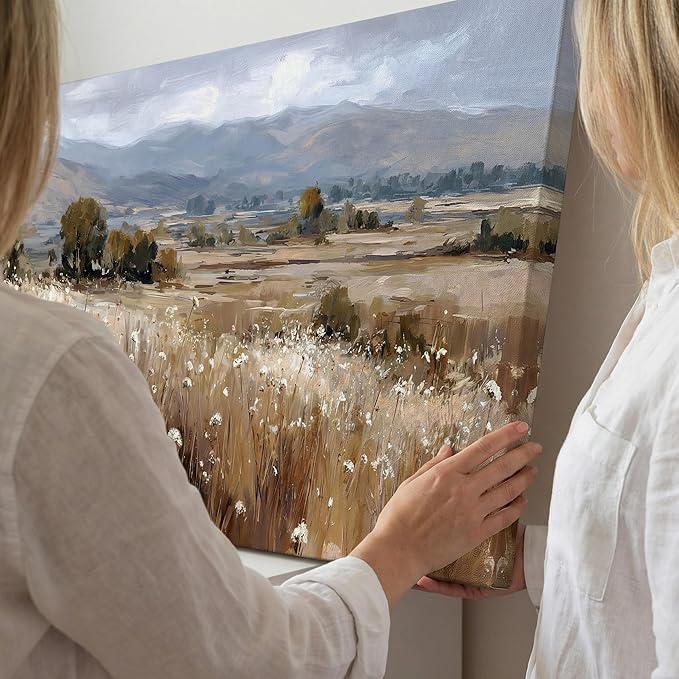 BQVCT Rustic Landscape Canvas Wall Art 24x48 Inch Field with Wildflowers and Mountains Giclee Print on Stretched Canvas, Nature Scenery Wall Decor for Living Room, Bedroom, Office