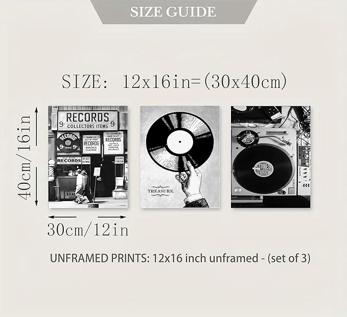 3Pcs Retro Music Poster Wall Art Fashion Black And White Photography Preppy Vinyl Record Store Painting Picture Wall Decor Bar Rock Music Lovers Print Artwork for Recording Studio Club Home Decoration