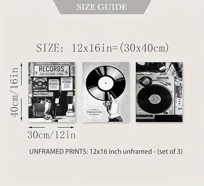 3Pcs Retro Music Poster Wall Art Fashion Black And White Photography Preppy Vinyl Record Store Painting Picture Wall Decor Bar Rock Music Lovers Print Artwork for Recording Studio Club Home Decoration