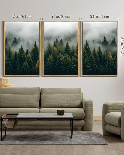 Drsoum Fog Pine Tree Landscape Wall Art Framed Nature Misty Nordic Forests Prints Morden Farmhouse Rustic Artwork Hallway Bathroom Ready to Hang 24x36in Natural Framed