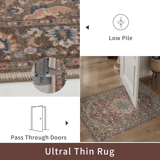 Tangsoo Vintage 2x6 Washable Runner Rug for Hallways,Red Brown Non-Slip Low Pile Long Rug Runner,Floral Soft Indoor Carpet Runner for Kitchen Bedroom Entryway Laundry