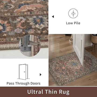 Tangsoo Vintage 2x6 Washable Runner Rug for Hallways,Red Brown Non-Slip Low Pile Long Rug Runner,Floral Soft Indoor Carpet Runner for Kitchen Bedroom Entryway Laundry