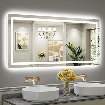 Briivue 60x28 Inch LED Bathroom Mirror with Lights, Backlit & Front Lit, Anti-Fog Lighted Bathroom Vanity Mirror for Wall, Memory Function, Dimmable, HD Tempered Glass, Shatter-Proof