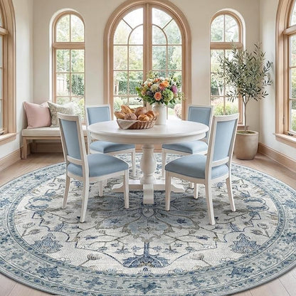 RELEANY Area Rugs Round 10ft Washable Non-Slip, Floral Vintage Distress Print Pattern Medallion Carpet for Living Room Bedroom Dining Room, Light Blue Navy Beige Gray White