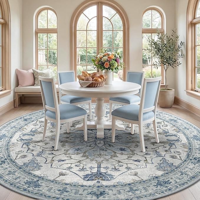 RELEANY Area Rugs Round 8ft Washable Non-Slip, Floral Vintage Distress Print Pattern Medallion Carpet for Living Room Bedroom Dining Room, Light Blue Navy Beige Gray White