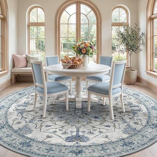RELEANY Area Rugs Round 8ft Washable Non-Slip, Floral Vintage Distress Print Pattern Medallion Carpet for Living Room Bedroom Dining Room, Light Blue Navy Beige Gray White