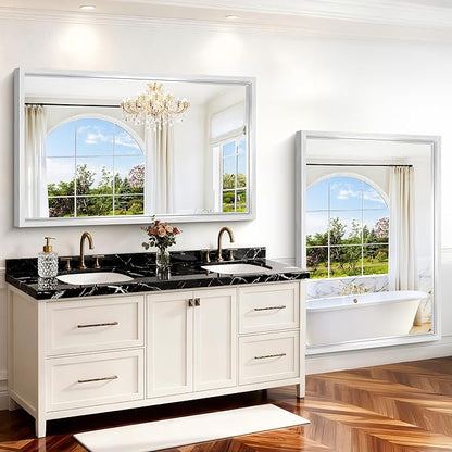 60"x40" Brushed Silver Bathroom Mirror, Large Rectangular Mirror for Wall, 0.6" Thickened Deep Frame Mirrors for Bathroom Sink, Shatterproof Tempered Glass, Antirust, Horizontally or Vertically