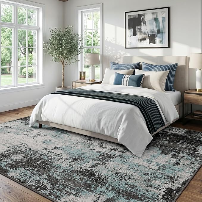 RELEANY Washable Area Rugs 6'x9' Non-Slip Modern Abstract Soft for Living Room Entryway Bedroom Nursery, Print Pattern, Blue Black Teal