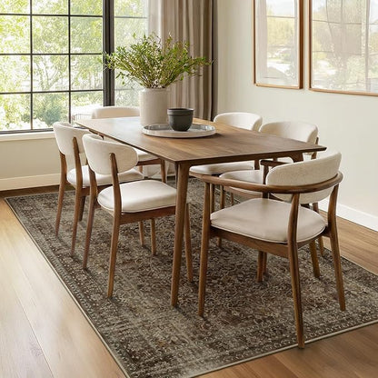 Coffee Brown 5x7 Living Room Rug, Vintage Distressed Washable Non Slip Area Rugs for Bedroom Dining Room, Warm Earth Tone Low Pile Thin Carpet Rugs for Den/Home Office/Kitchen/Foyer