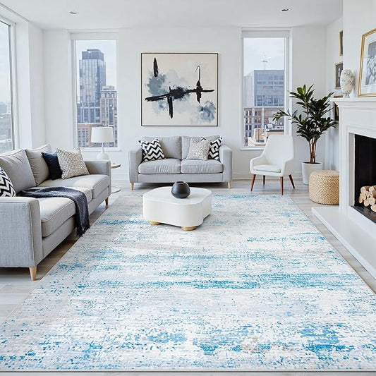8x10 Area Rugs Washable Rug:Anti-Skid Abstract Modern Living Room Rug Soft Thin Carpets Indoor Floor Non-Shedding Carpet for Bedroom Dining Farmhouse Nursery Home Office(Light Blue/White/Beige, 8x10)