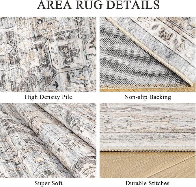 9x12 Washable Vintage Area Rug - Non-Slip Soft Rugs for Living Room Bedroom Dining Room, Stain Resistant Indoor Floor Mat for Home Decor (Beige/Brown, 9'x12')
