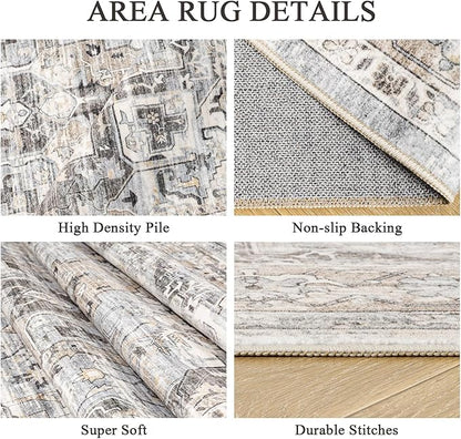9x12 Washable Vintage Area Rug - Non-Slip Soft Rugs for Living Room Bedroom Dining Room, Stain Resistant Indoor Floor Mat for Home Decor (Beige/Brown, 9'x12')