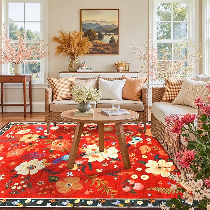 Macgace 3x5 Floral Rug for Girls Bedroom, Machine Washable Area Rugs with Non Slip Backingfor Living Room, Cute Flowers Carpet Kitchen Dining Room Kids Playroom Decor, Christmas Red