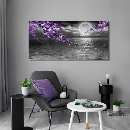 Large Purple Wall Art Decor for Living Room Bedroom Framed Black and White Seascape Full Moon Purple Flower Painting Canvas Picture Modern Hand-Painted Plum Blossom Artwork for Home Office