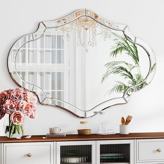 55"x35" Large Mirror for Wall with Beveled Scalloped Corner, Modern Elegant Decorative Mirror for Living Room, Large Wall Mirrors for Entryway Hallway, Hang Horizontally or Vertically